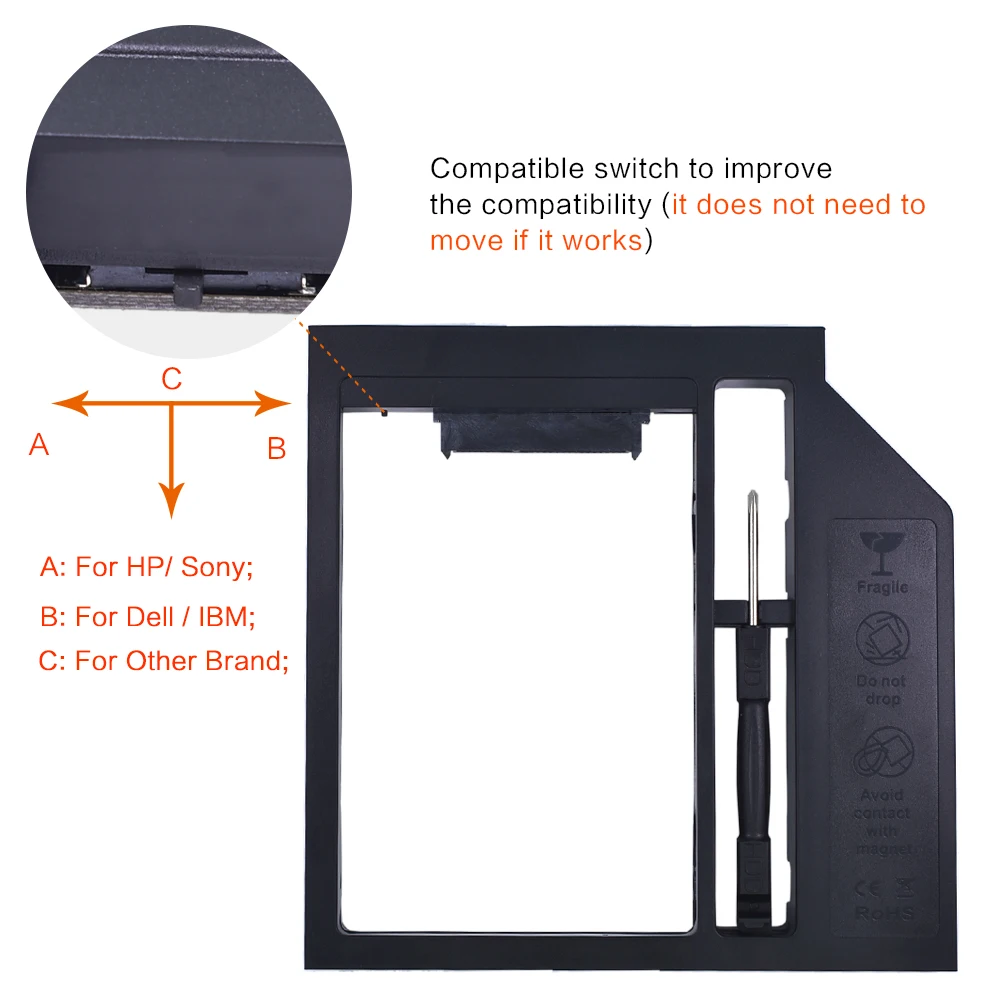 TISHRIC пластиковый универсальный 2nd HDD Caddy 12,7 мм SATA 3,0 Optibay для 2,5 ''2TB жесткого диска SSD чехол Корпус для ноутбука CD-ROM