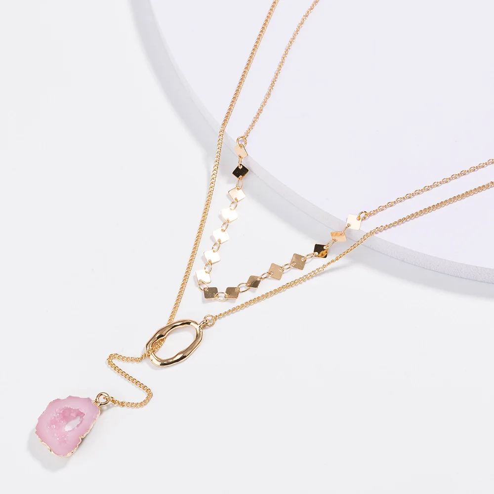 

Multilayer Pink Druzy Quartz Stone Drop Pendant Necklace Bohemian Jewelry Golden Circle Collar Chain Summer ACC