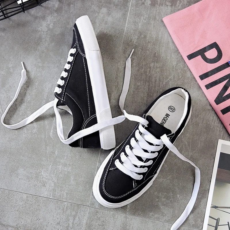 

Women sneakers 2018 new arrivals fashion lace-up black/white women shoes solid sewing shallow casual canvas shoes women