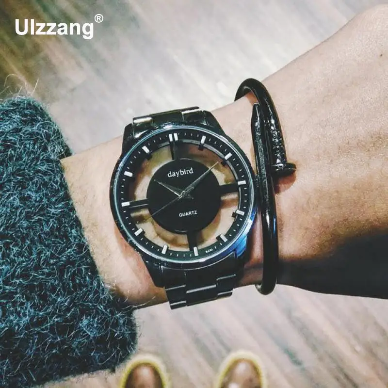 

New Fashion Hollow Dial Full Stainless Steel Silver Quartz Wrist Watch Wristwatches Waterproof for Men Male