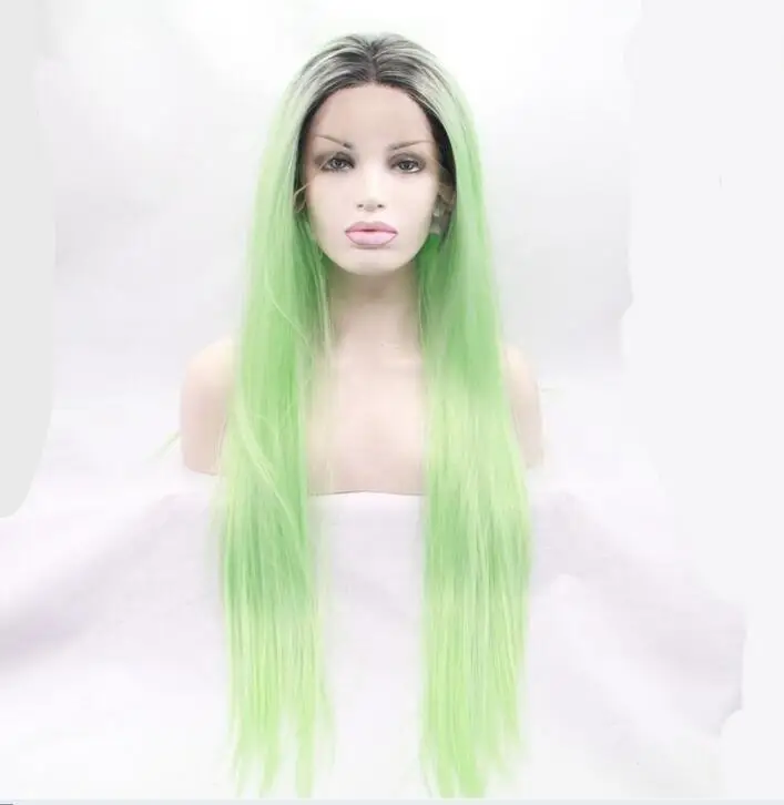 

Mint Green Long Straight Synthetic Lace Front Wig Glueless TwoTone Dark Brown/Green Heat Resistant Hair Women Wig Free Shipping