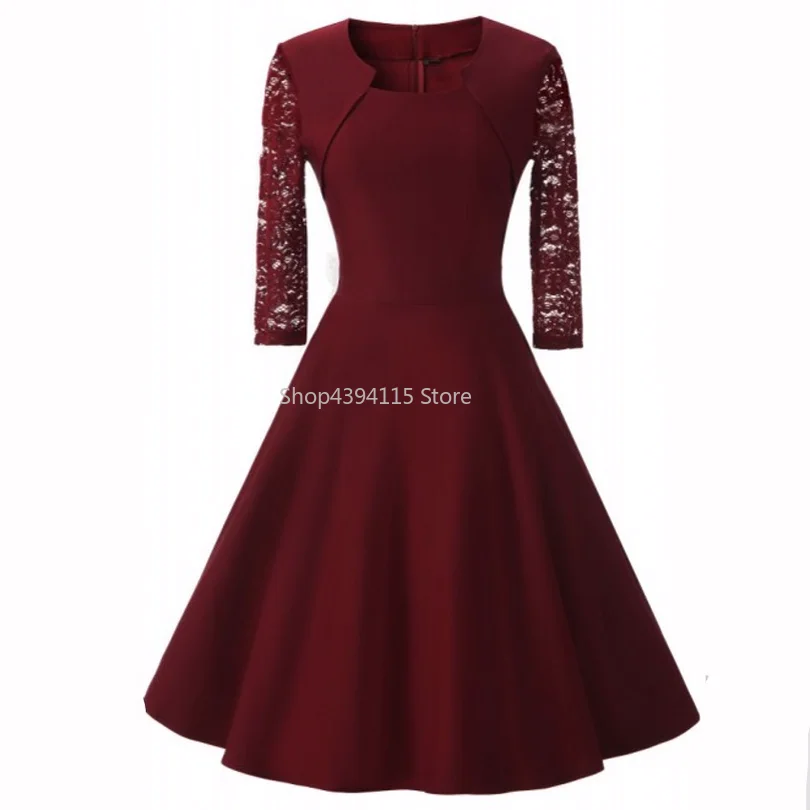 

Vintage Three-Quarter Sleeve Lace Dress Women Autumn Elegant Lady Retro Burgundy Tunic Stretch Swing Dresses