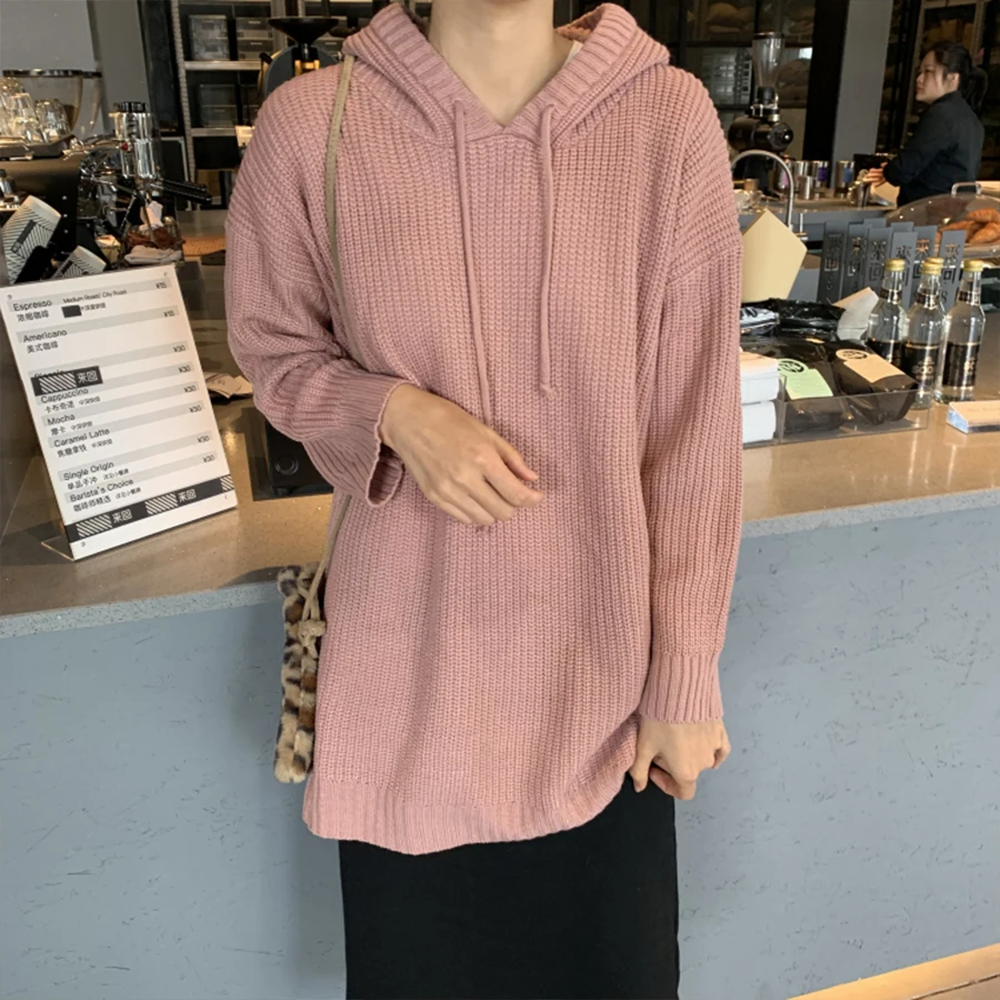 

Loose Casual Sweaters Ladies Simple Oversized Hooded Knit Long Sweater Women Korean Autumn Winter Warm Slim Pullovers Female