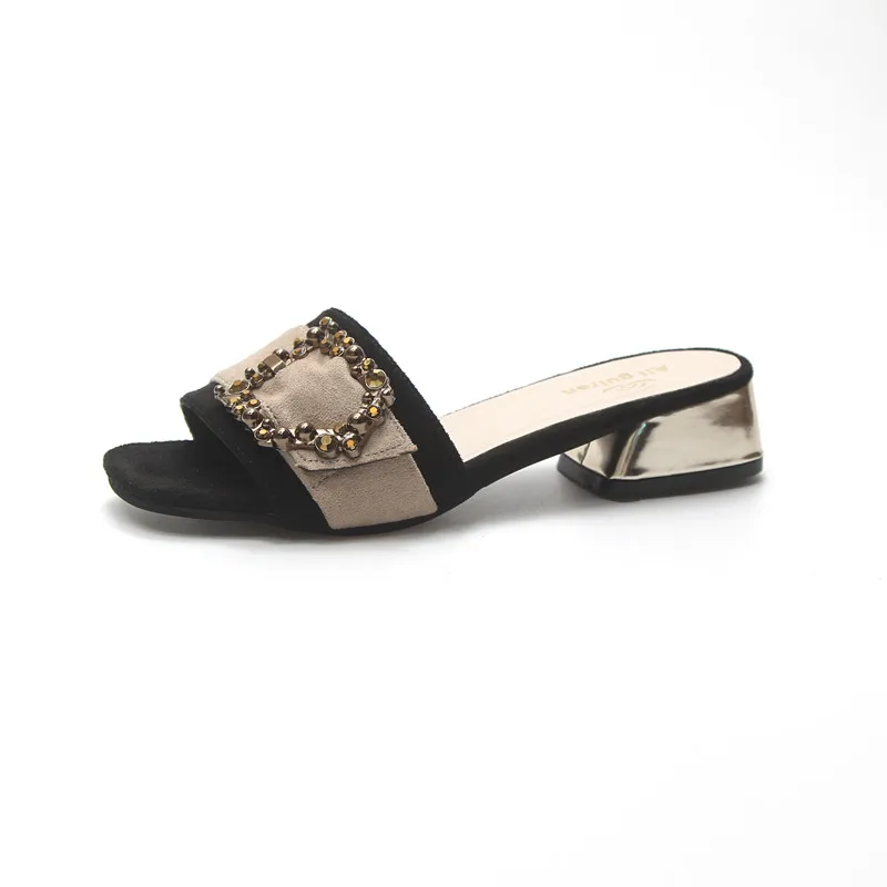 Women Summer Buckle Belt Square Toe Slides Fur Fringe Flip Flops Women Fashion Flat Slippers 