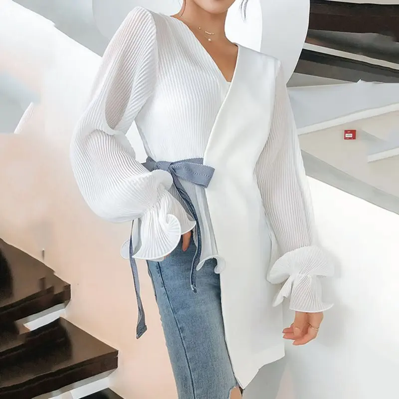 

New Korean Fashion Office Blouse Women White Shirt Sexy V Neck Long Sleeve Top Lace Up Asymmetric Pleated Elegant Ladies Blouses