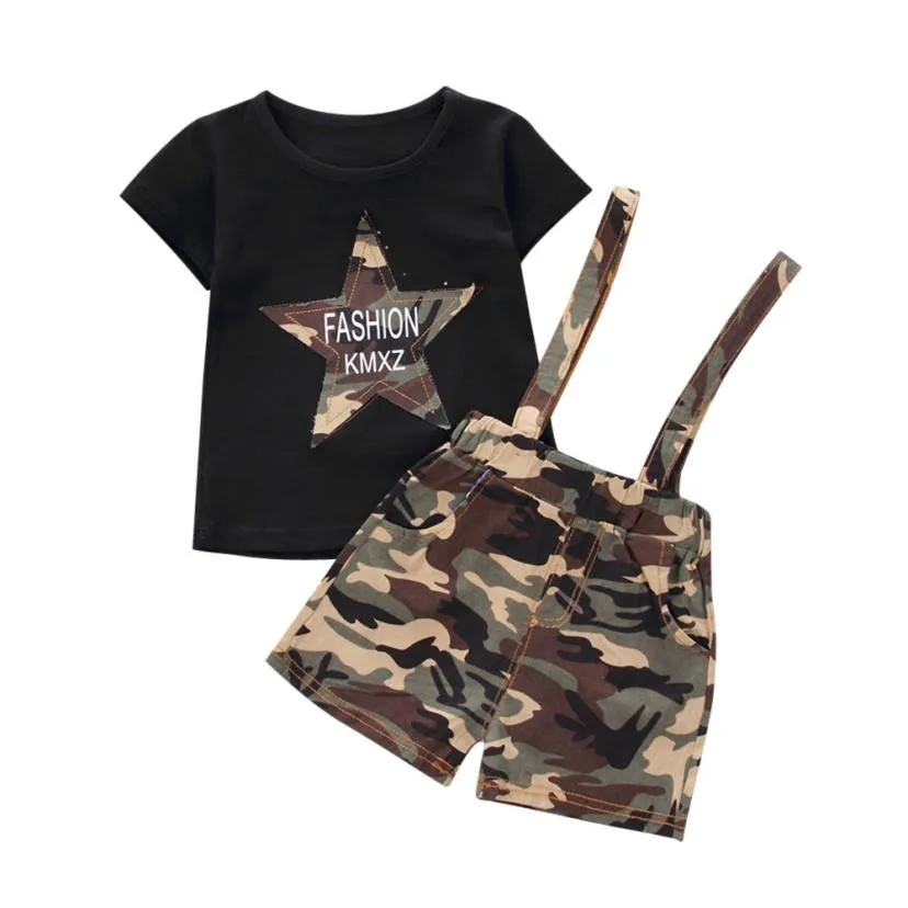 

Toddler Summer Boy Clothes Kids 2pcs Boys Soldier Suit Short Sleeve T-Shirt+Camouflage Suspenders Boys 2018 Baby Clothing Set
