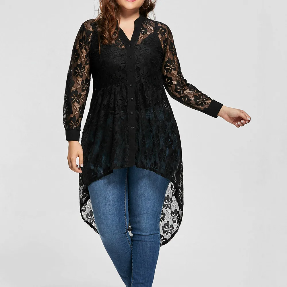 

Blusas Femininas Women Ladies Plus Size Blouse Long Sleeve Lace Shirt Perspective Button Up Female Tops Womens clothing New 2019
