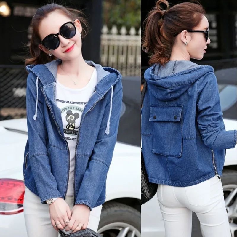 

Women 'S Denim Coat Hooded Long Sleeve pocketed Coat Wholesale 2018 College Hooded Loose-Fit l bf Wind Denim Jackets & Coats fem