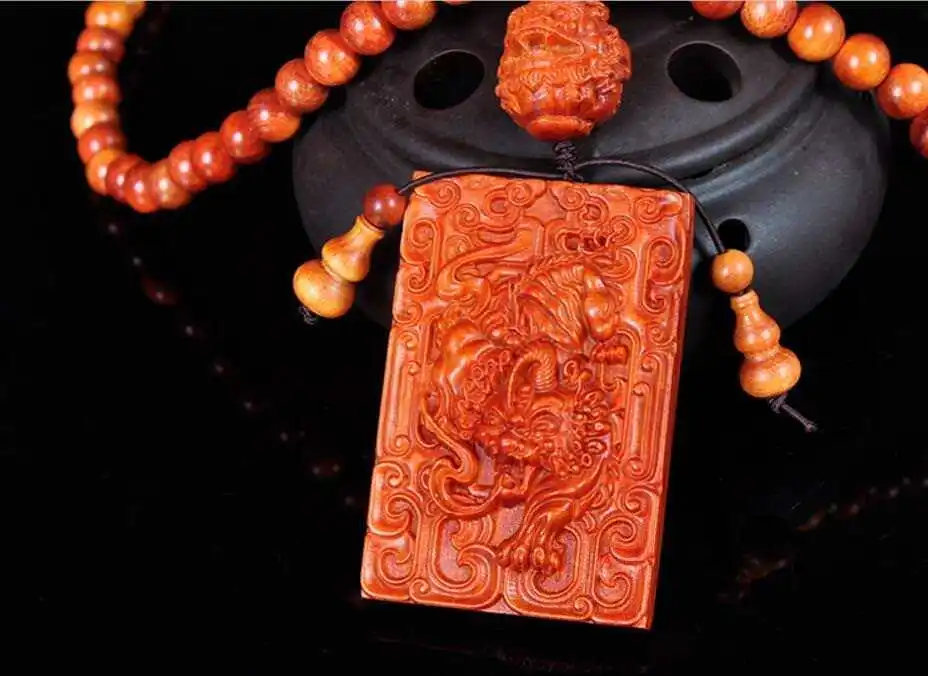 

Koraba Fine Jewelry 8mm108 Indonesian Blood Dragon Wood Bead and Sculpture Pixiu Pendant Necklace Free Shipping