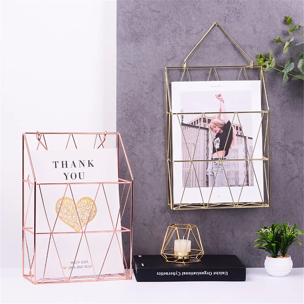 

Nordic Book Shelf Rose Gold Storage Baskets Chic Geometry Desktop Books Magazines Organization Shelf Wall Metal Storage Basket