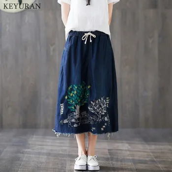 

2020 Retro Hole Women Embroidery Denim Skirts Summer Lace Up Elastic Waist Loose Casual Female A-Line Skirts Jeans Saia Faldas
