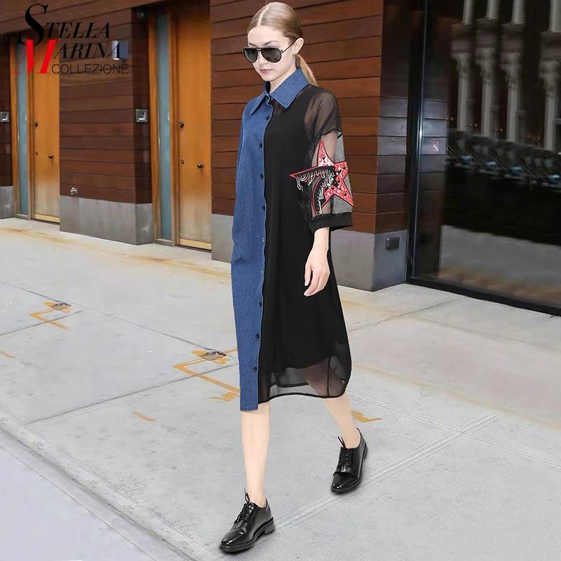

2019 Summer Women Black Shirt Dress Denim Organza Patchwork Half Sleeve & Star Plus Size Patches Lady Mid Party Club Dress 4887