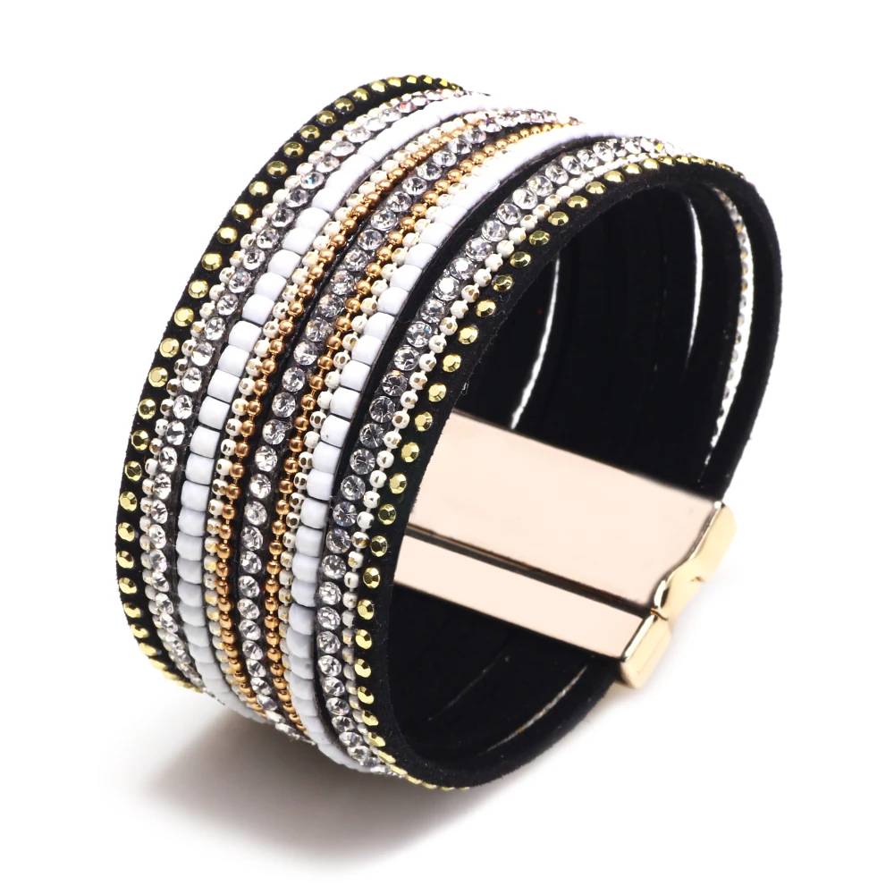 2019 New Leather Bracelet Jewelry Rhinestone Crystal Wrap Multilayer Stainless Steel Buckle | Украшения и аксессуары