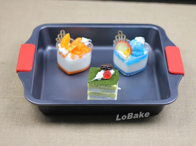 

Heavy carbon steel square shape cake pan with nonstick coating silicone heat protection handle frying biscuit muffin baking pans