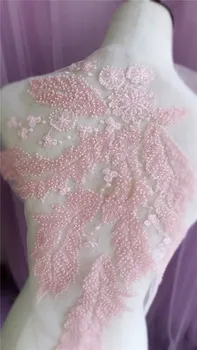 

Light Pink Beading Wedding Lace Fabric Applique,Hand Sewing Bead Delicate French Lace Sticker Embroidery Florals with Sequin