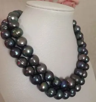 

stunning 12-13mm tahitian baroque black green pearl necklace18"19"