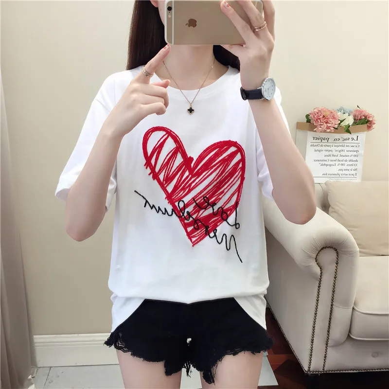 

2019 Summer New Kpop Love Print T-shirt Women Korean Fashion Loose O-neck Tops Schoolgirl Short Sleeve T-shirt Clothing
