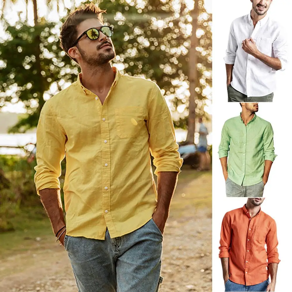 

Fashion Mens Summer Button Casual Linen and Cotton Long Sleeve Top Blouse