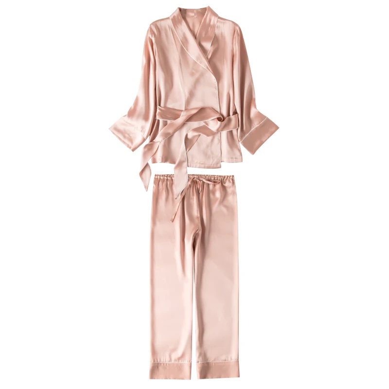Женские шелковые пижамные комплекты из натурального шелка, атласные халаты и штаны, новинка, весенняя одежда для сна розового цвета - Цвет: Розовый