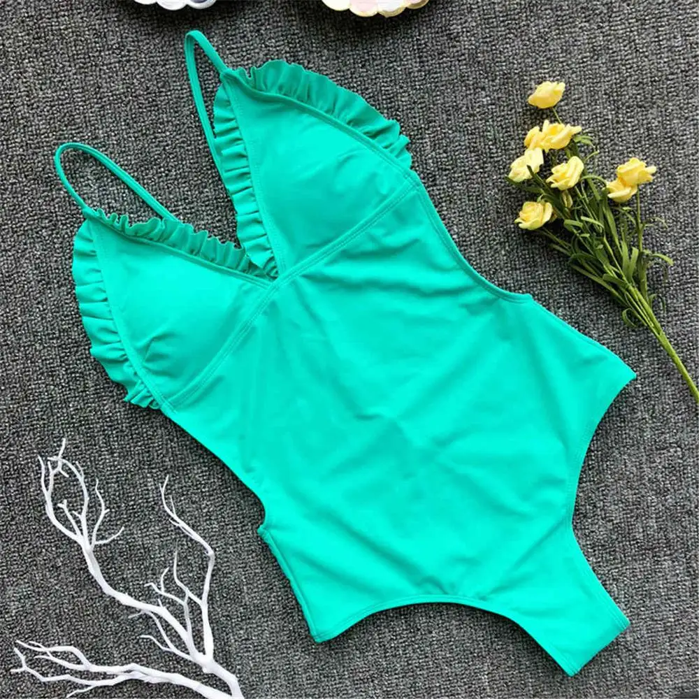 Сексуальный цельный купальник с оборками и открытой спиной, женская одежда для плавания, женский купальный костюм, купальный костюм с v-образным вырезом, одежда для плавания, монокини для женщин V1004 - Цвет: Зеленый