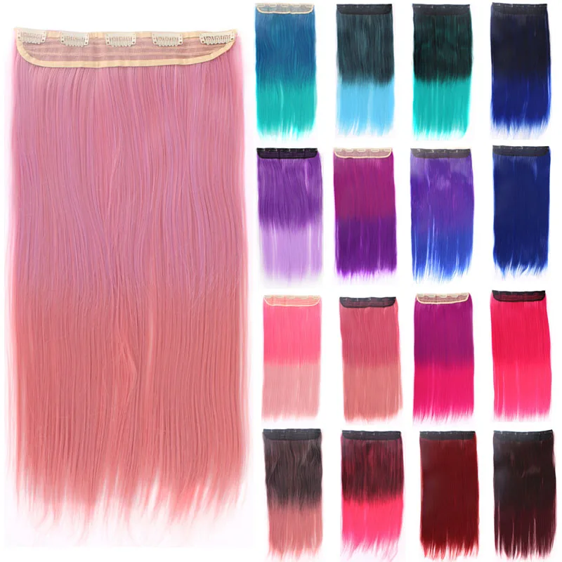 24 Long Straight Clip In One Piece Hair Extensions Pink Brown