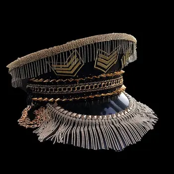 

Handsome Punk Golden Rivets Metal Fringe Decoration Uniform Hat Tassel Military Cap Party Dj Performance Singer Hat for Women