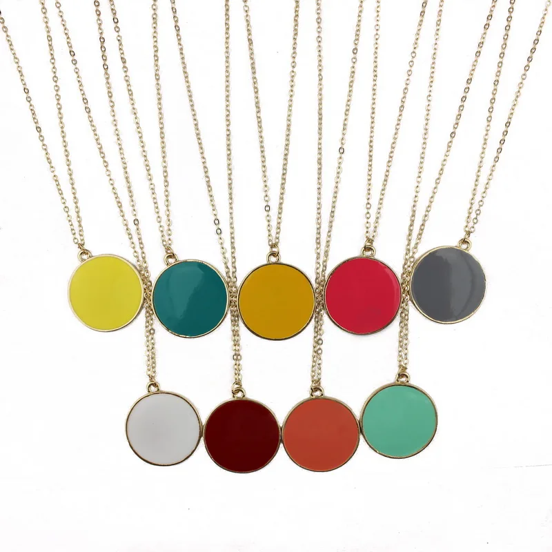 Spring Enamel Round Disc Pendant Necklace Gold Plating Trendy Women Long Monogram Necklace-in ...