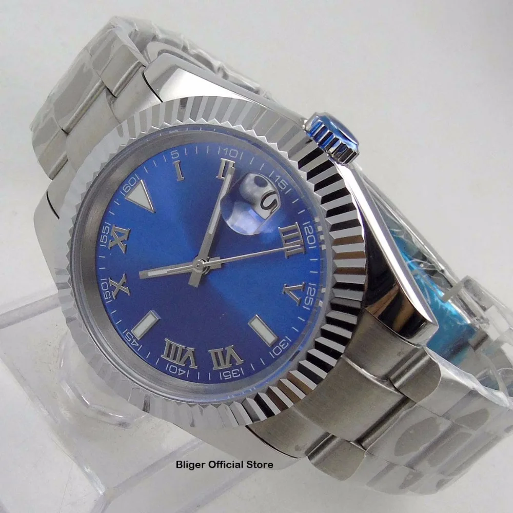 

Fashion Luxury Automatic Movement Men's Watch BLIGER 40mm Sea Blue Nologo Dial Auto Date Indicator Stainless Steel Strap