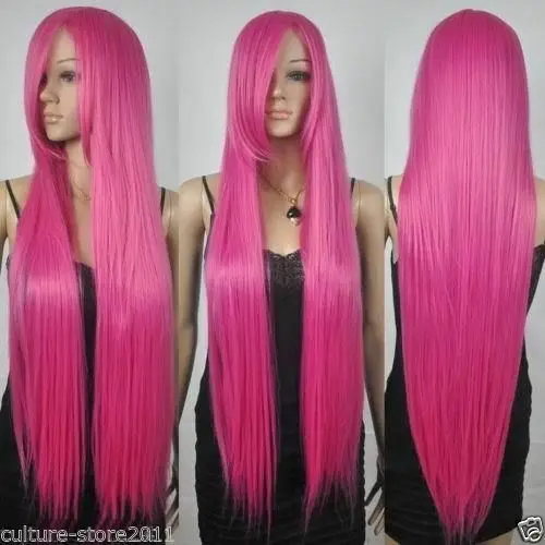 

New Extra Long Straight Rapunzel Tangled Hot Pink Bangs Cosplay Hair Wig 100cm