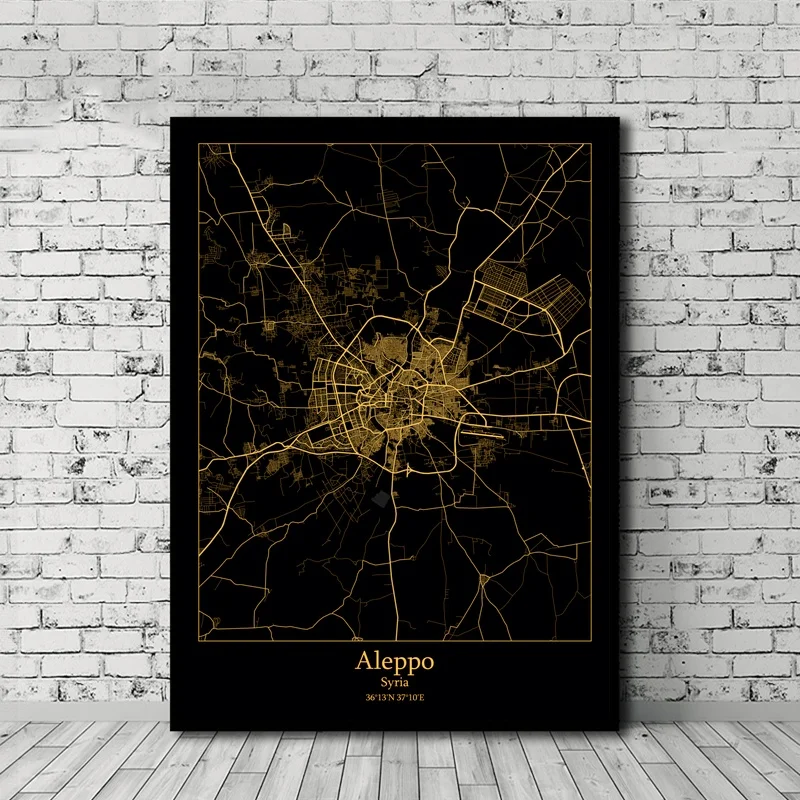 

Aleppo Damascus Syria Black and Gold City Map Poster Canvas Print Home Decor No Frame