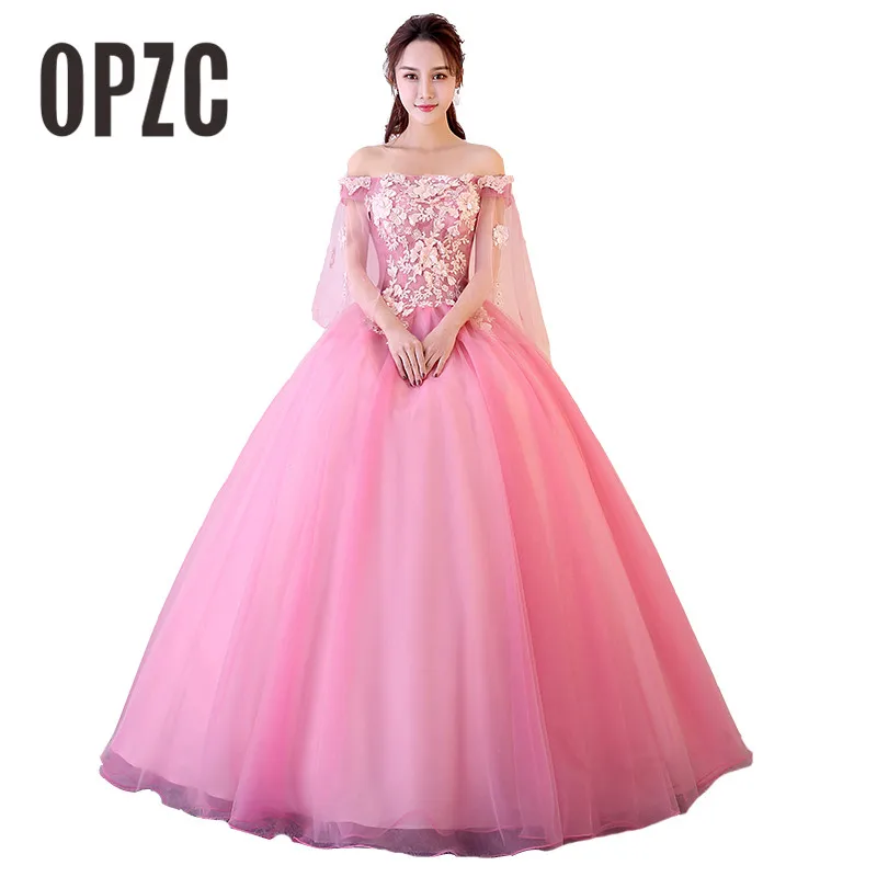 

Real Photo 2018 OPZC Candy Color Evening Dress Off the Shoulder Exquisite Embroidery Pattern Women Party Performance Appliques