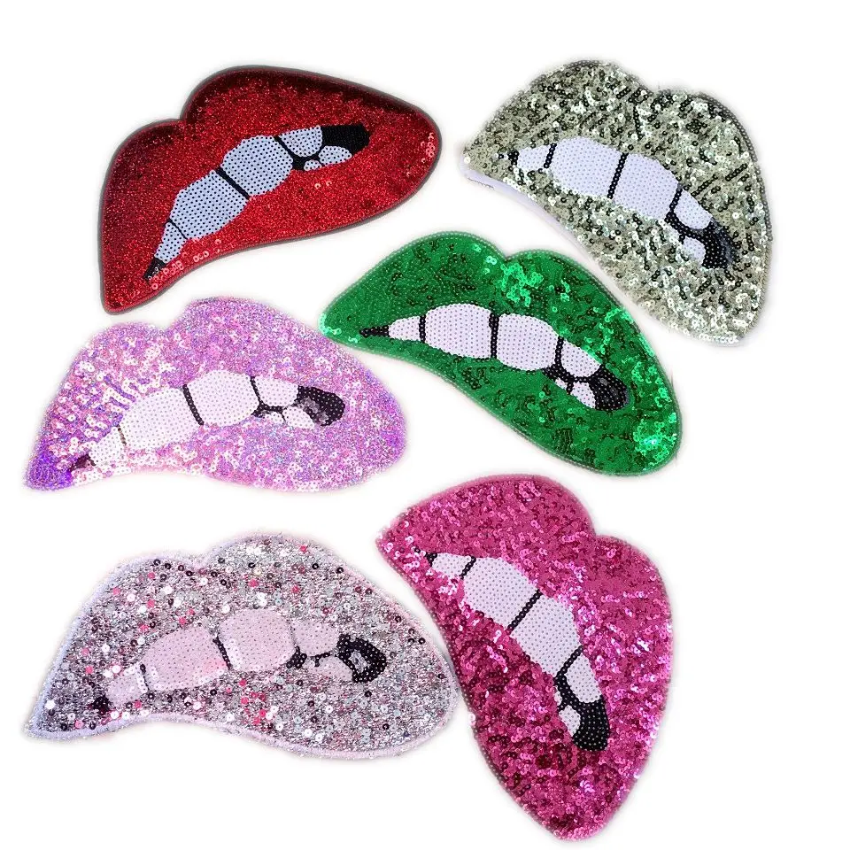 

2PC LIPS Beading Sequined Patch Big Motif Applique Mouth Sew/Iron on Patches for Clothing Accessories Sequined Stickers 6 Colors