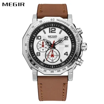 

MEGIR Men Fashion Wrist Watches Brown Leather Strap Chronograph Quartz Watches Men Working Sub-dials Luminous Dial Sport Clock