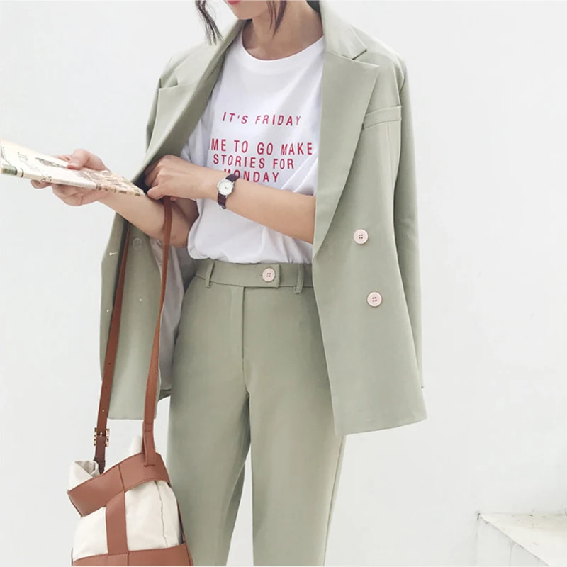 Vintage Double Breasted Women Pant Suit Light Green Notched Blazer Jacket & High Waist Pant 2019 Spring Office Wear Women Suits
