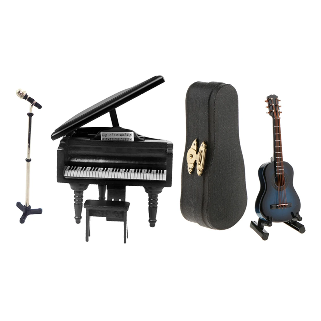 1/12 Miniature Microphone Guitar Piano Set Musical Model for Dollhouse Layout Accessory Decoration