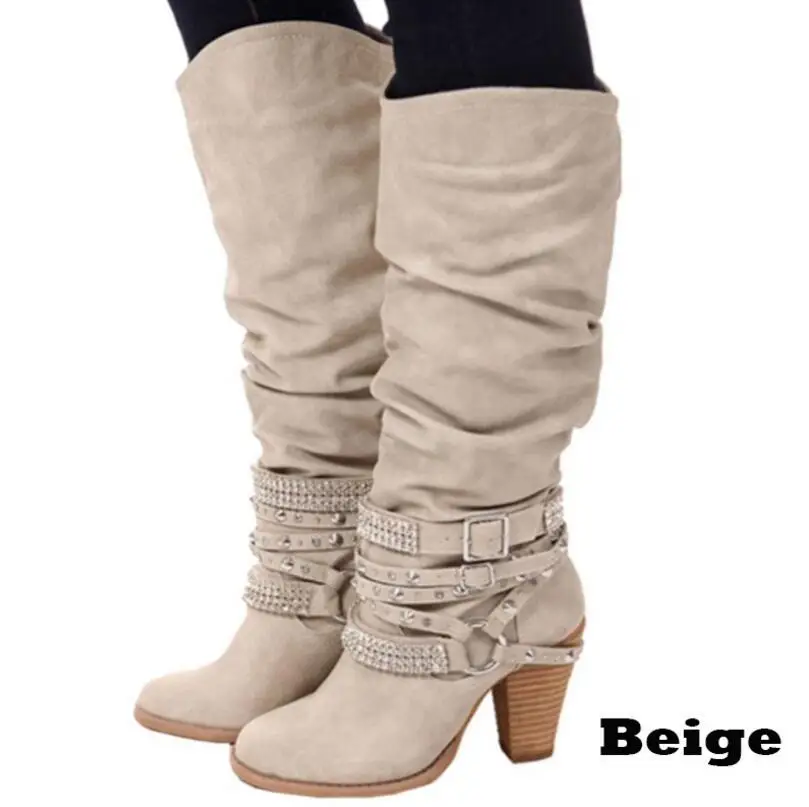 JOKSD/новые модные ботинки с круглым носком в стиле панк, готика, с ремешком женская обувь на высоком каблуке, стразы сапоги до колена mujer zapatos L216