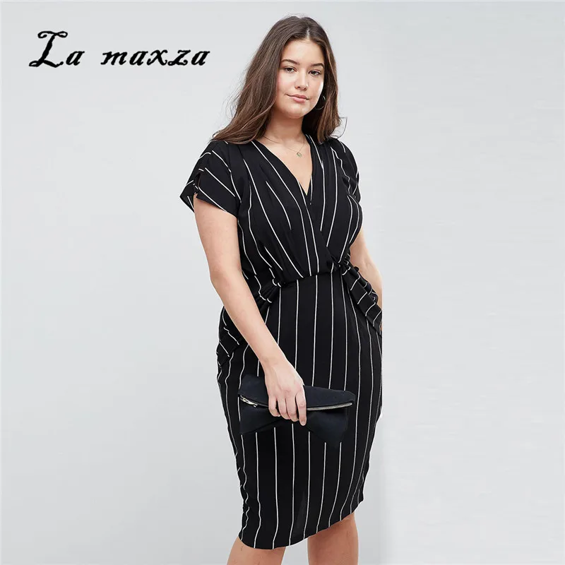

Plus Size 2018 Women Summer Casual OL Sexy Sundress Striped Pockets Elegant Fashion Midi Dress