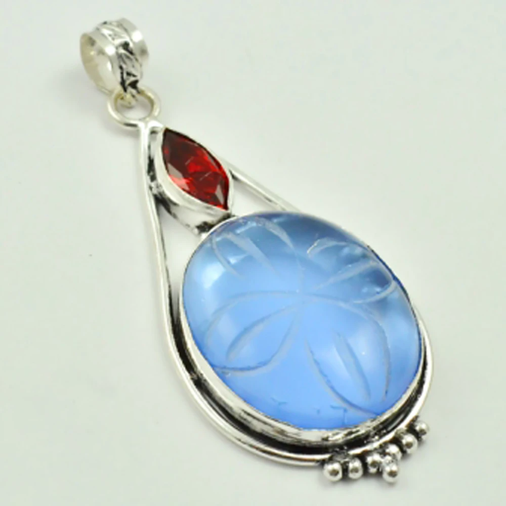 

Carved Iolite Flower & Garnets Pendant Silver Overlay over Copper, 65mm , P3611