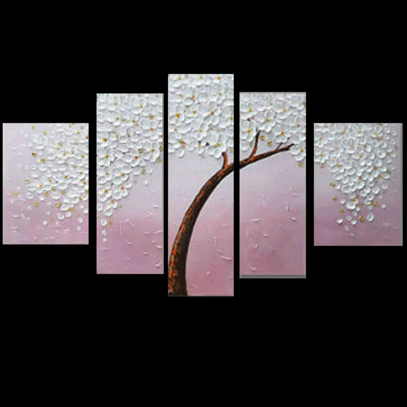 Hand Painted modern abstract Pink blue green flower tree oil Painting thick palette knife 5pieces home wall decoration pictures | Дом и сад
