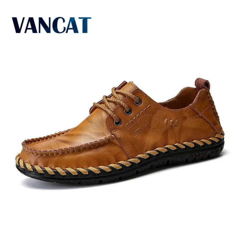 Мужские лоферы на шнуровке VANCAT черные кожаные туфли плоской подошве модная