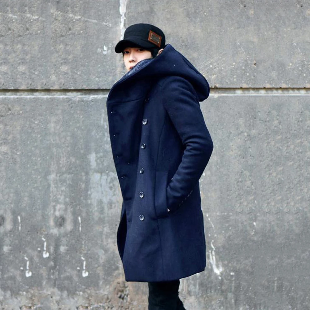 Зимние Для мужчин Мода Md-длинный тонкий двубортный плащ с капюшоном теплая верхняя одежда