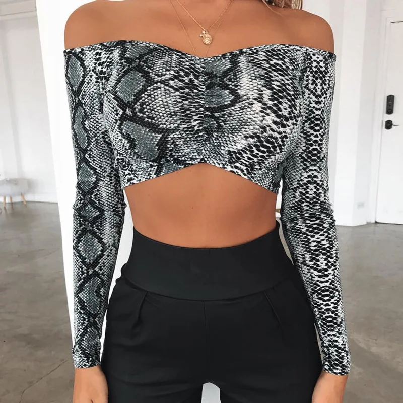 

New Off Shoulder Sucking Ladies Blouse Cropped Tank Tops Women Sexy Snake Skin Print Crop Top Women Streetwear Basic Tees