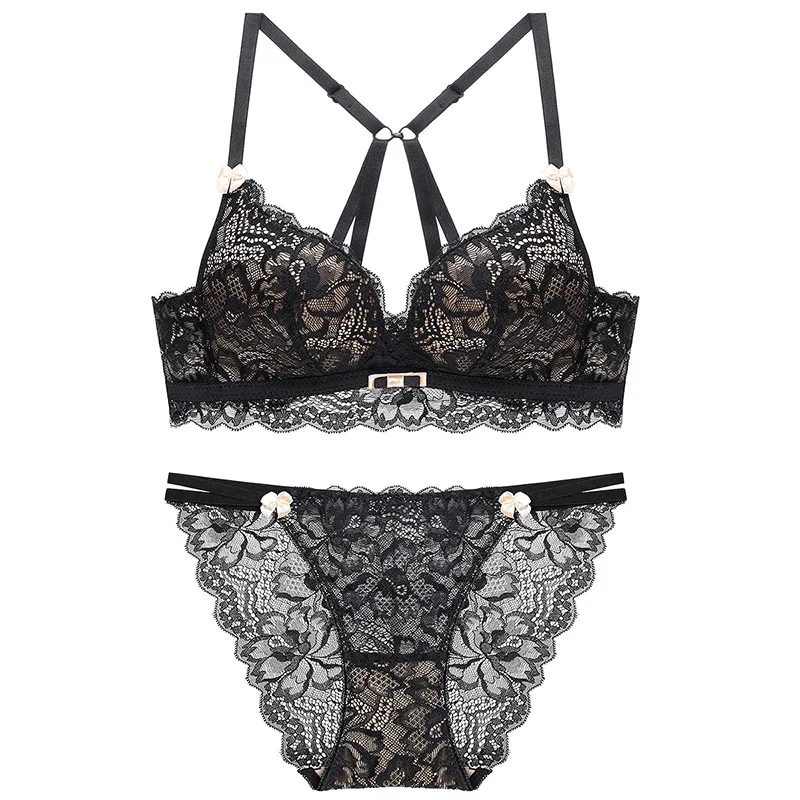 

Sexy Lingerie Lace Push Up Bra Set temptation Lingerie Garter Intimates Women's Clothing Wire Free Floral Embroidery Black White