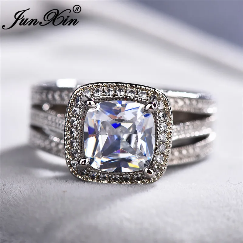 JUNXIN Charm Wedding Big Rings For Women 925 Sterling Silver Filled Princess Square Stone White Zircon Crystal Ring Female Gifts
