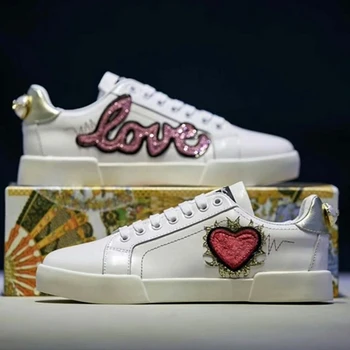 

Genuine Leather White Woman Sneakers Fashion Love Heart Round Toe lace Up Trainers Flats Casual Shoes Party Dress Shoes Woman