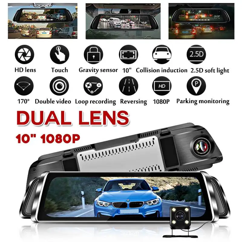 

Audew 10" Full HD 1080P Dual Camera Lens Touch Screen Streaming Media Rear View Mirror Car Driving Recorder