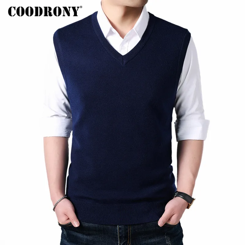 Skup COODRONY klasyczny dekolt bez rękawów kamizelka mężczyzn sweter z wełny kaszmirowej mężczyzn ubrania 2018 jesień zima Business Casual Pull Homme 8145