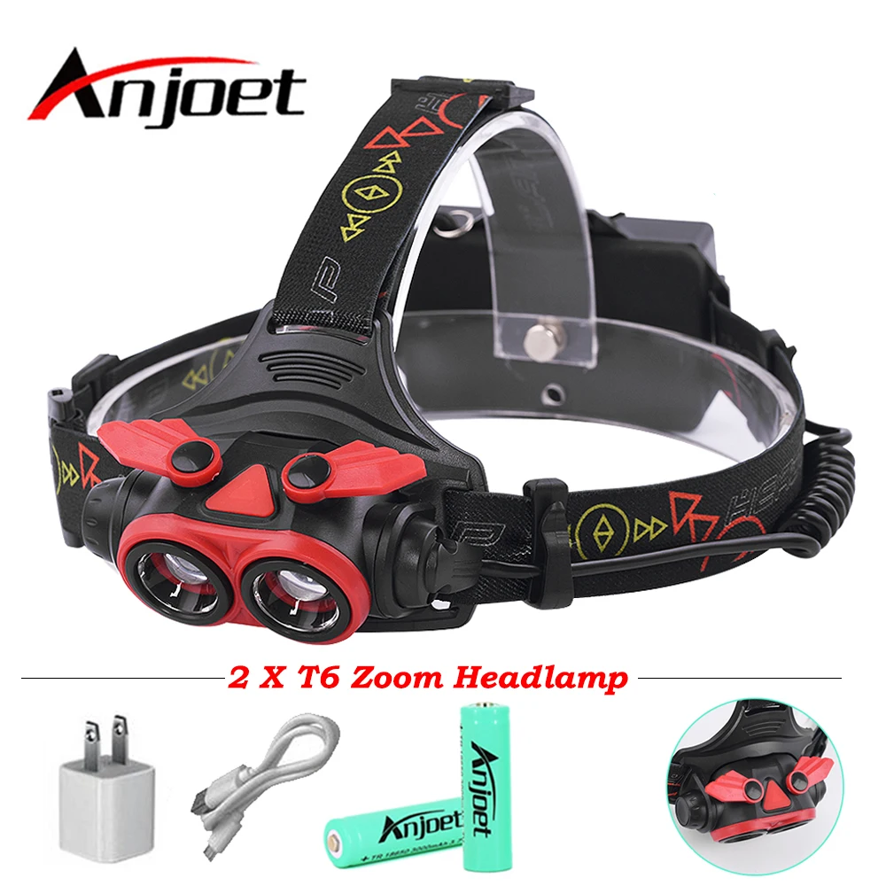 Anjoet 2 * XML T6 светодиодный налобсветильник фонарь 5000Lumnes zoom налобный USB