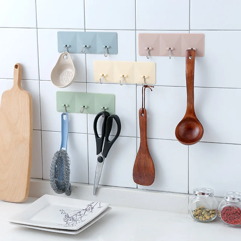 

Solid Color 3 In 1 Glue Wall Hooks Bathroom Kitchen Adhesive Hanging Hook for Clothes Rack Spoon Towel Holder Racks