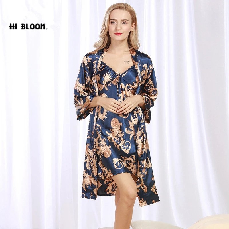 

HI BLOOM Vestido Flower Chinese Women Silk Rayon 2pcs Robe Sexy Sleepwear Kimono Bath Gown Loose Lounge Nightdress Plus Size 2XL